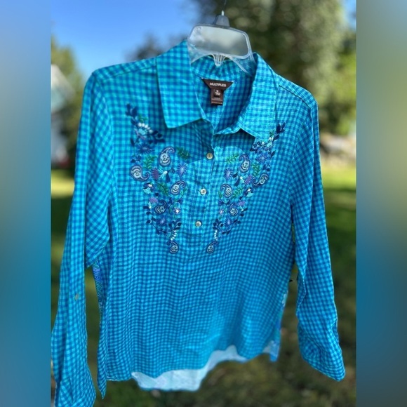 Multiples Paisley & Blue Linen Checkered Button Down Casual Blouse Womens Medium - Picture 13 of 17